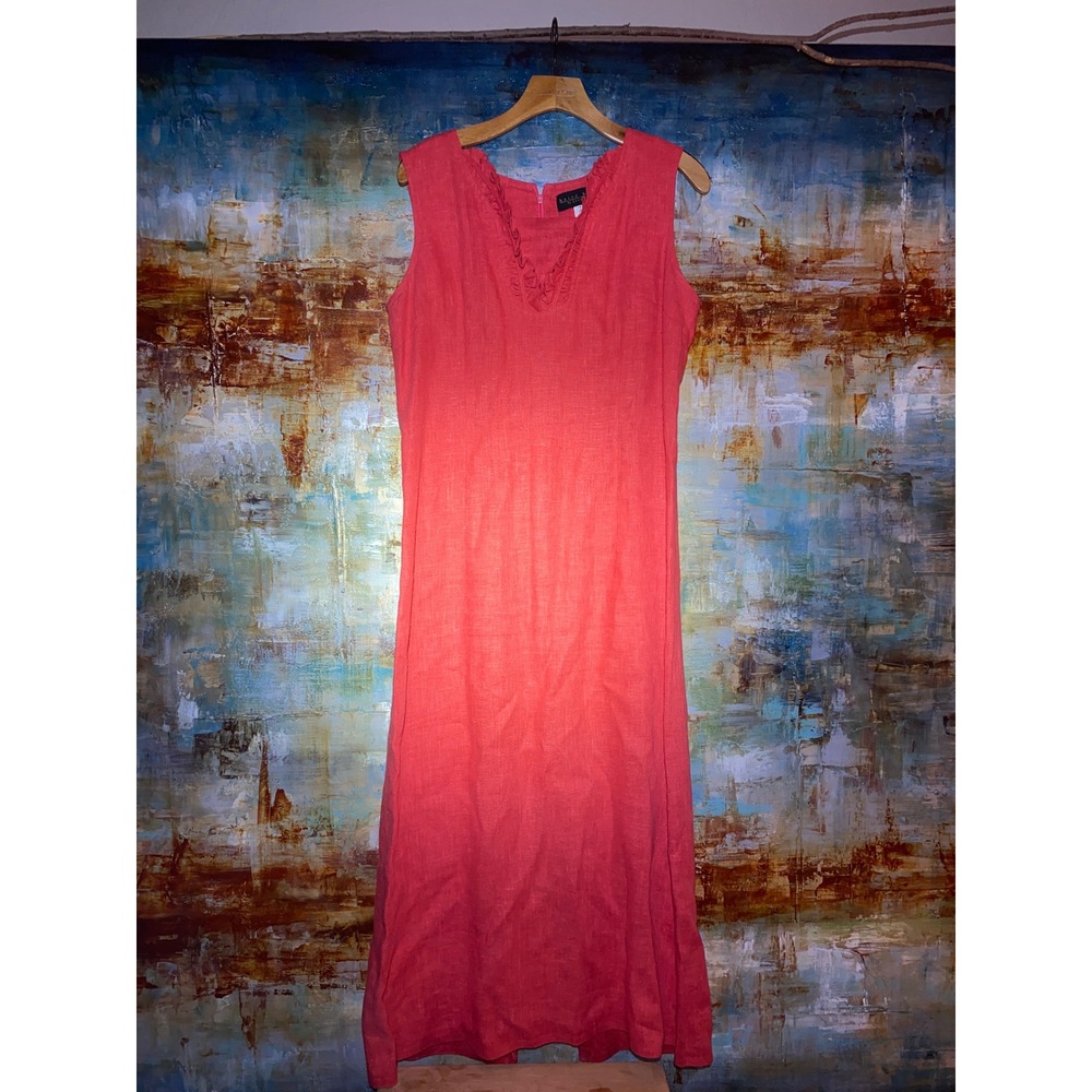 Harve Benard Coral Pink 100% Linen Ruffle V-Neck Sleeveless Maxi Dress Size 8